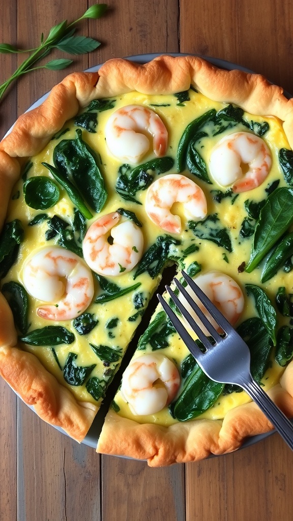A golden shrimp and spinach quiche on a wooden table with a slice cut out, showcasing its creamy filling.